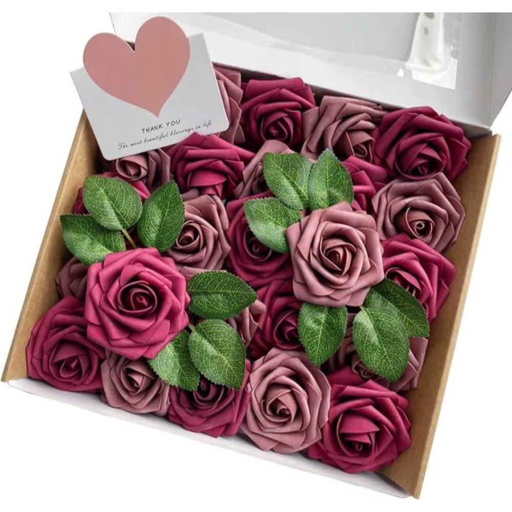 25 count | Dusty Rose & Burgundy Artificial Roses Wedding Bouquet Centerpiece